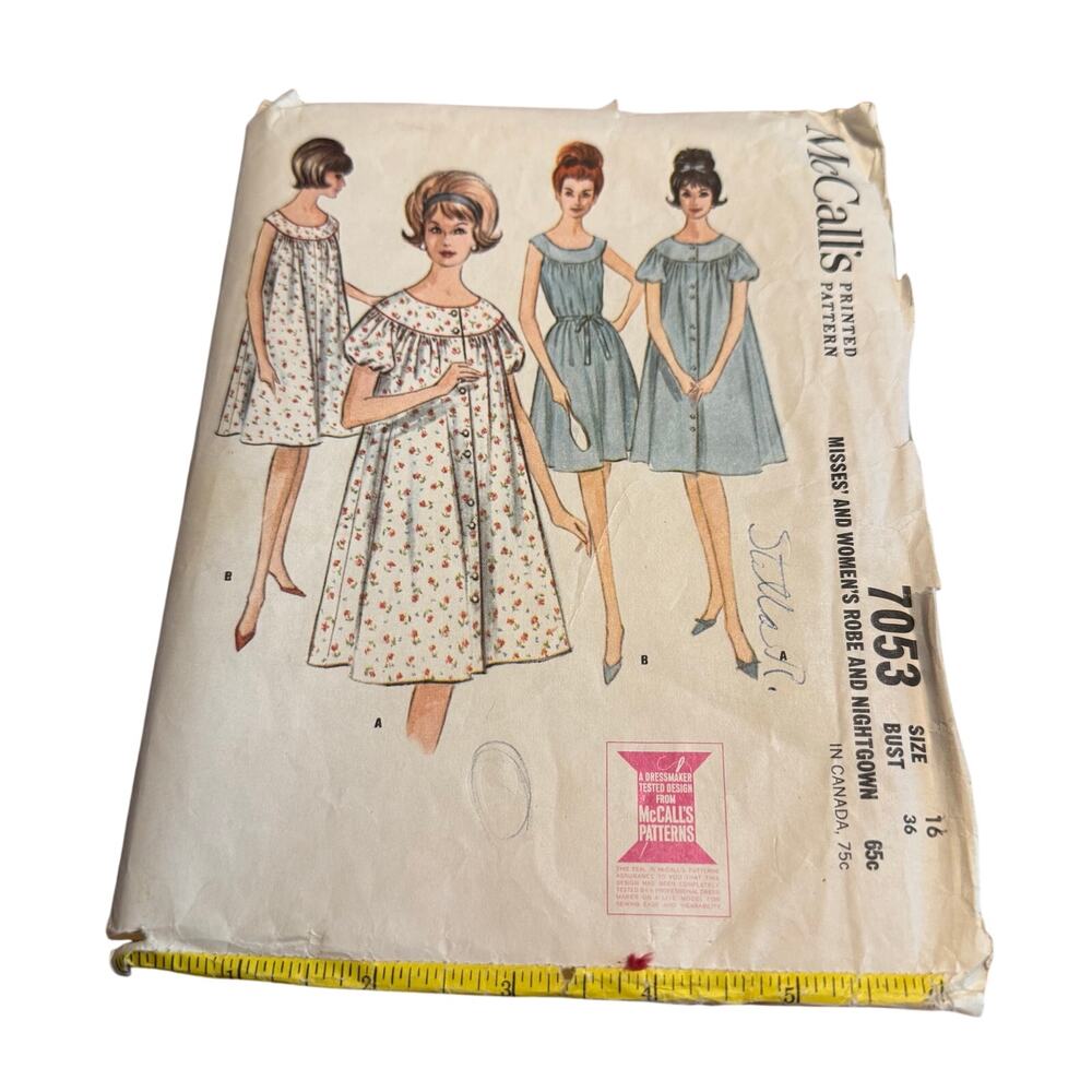 Vintage 1963 McCalls 7053 Robe Nightgown Sewing Pattern Size 16 Bust 36 Cut